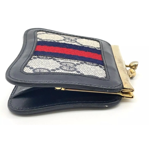 Auth Gucci GG Canvas Navy Blue Sherry Line Coin Case /Wallet W/Box - Picture 6 of 15